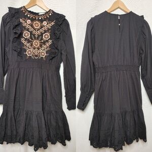 Bohme Long Sleeve‎ Eyelet Embroidered Panel Dress Charcoal Gray Black Small S